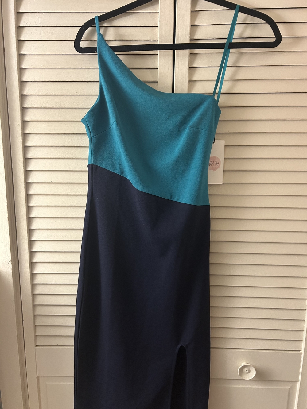 One-Shoulder Colorblock Dress in Teal and Navy